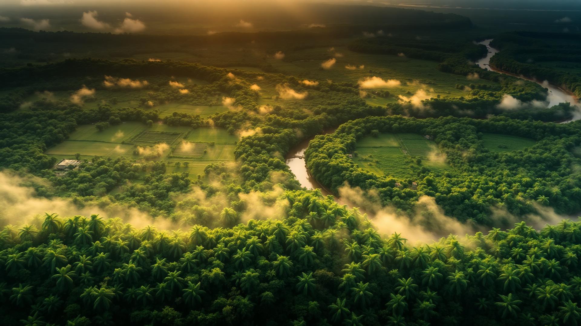 Paisagem aérea de floresta brasileira e áreas agrícolas